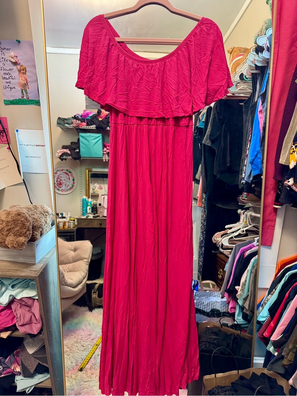 Hot Pink Off-Shoulder Maxi Dress Large